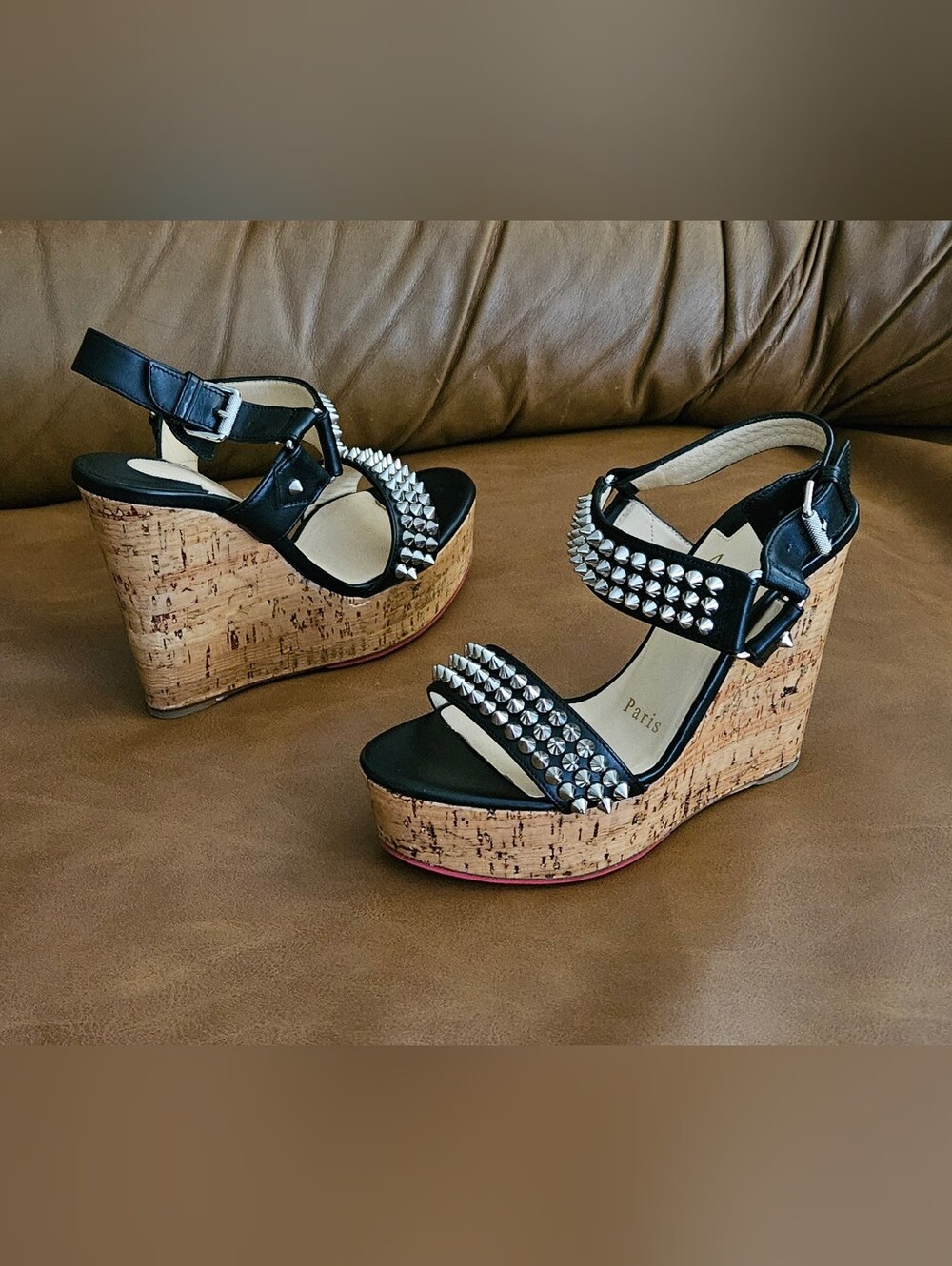 Christian Louboutin Black Leather Spikes-Studded Wedge Sandals Size 4.5 US - Picture 14 of 16